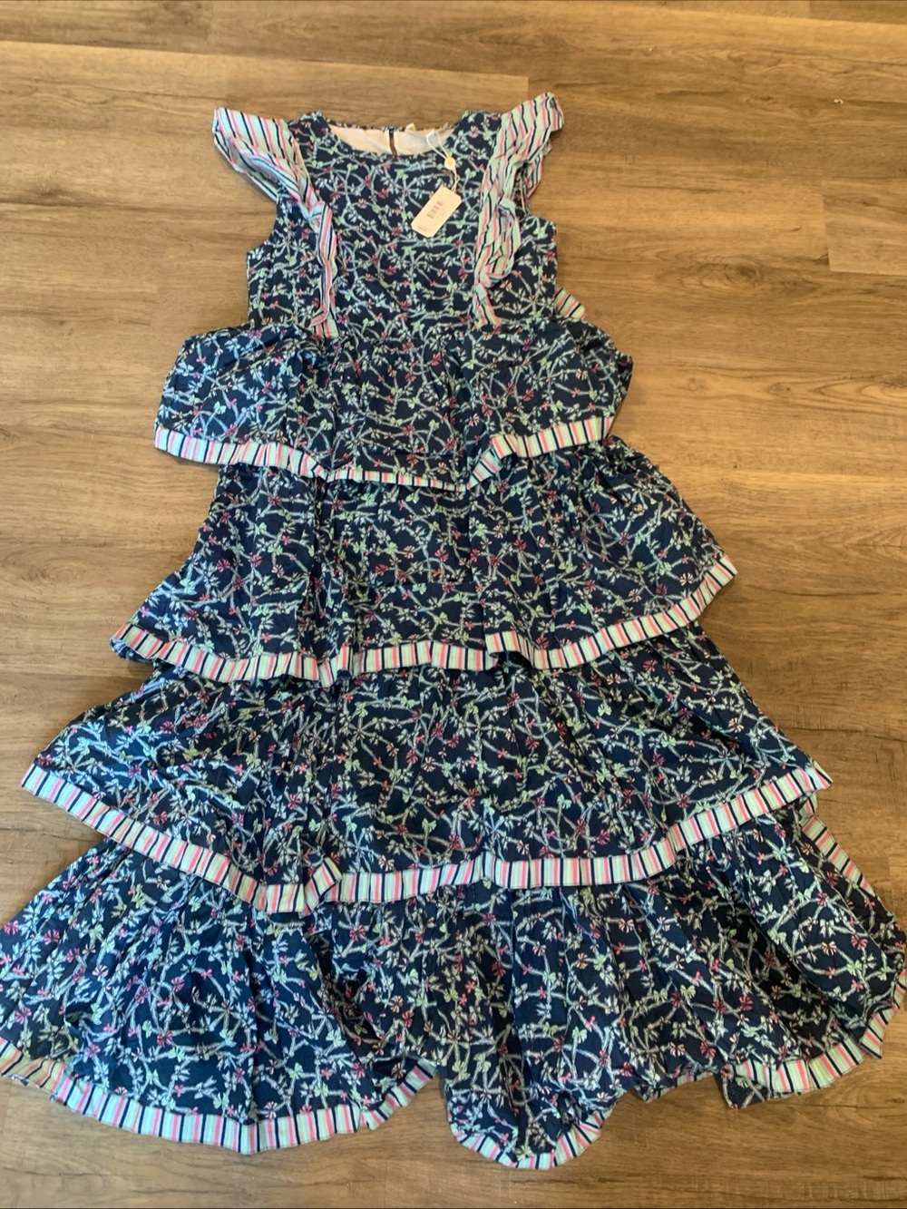 Girls Navy Floral Tiered Ruffle Dress
